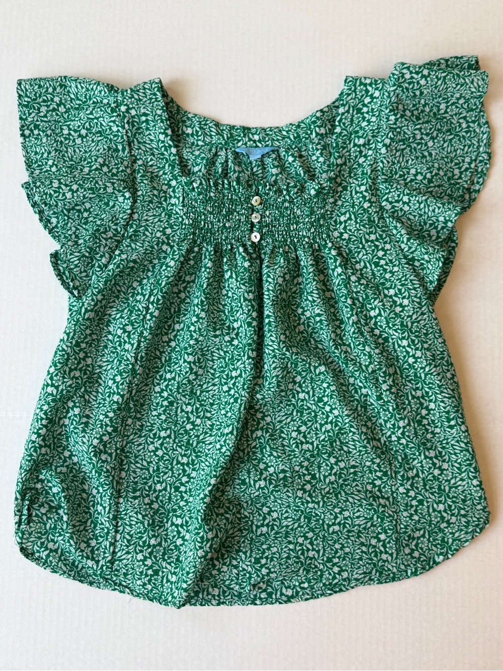 Draper James Green Floral Smocked Flutter-Sleeve Top